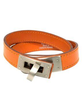 Hermes Leather Bracelet Tall Orange Matte Silver